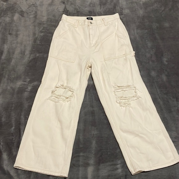 Simple Society Pants - Cream Ripped Baggy Jeans